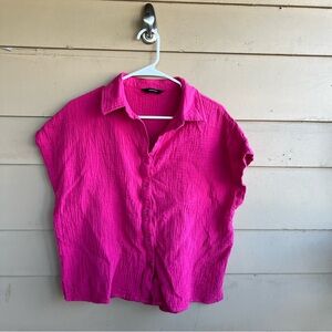 DOKOTOO Slub Cotton Hot Pink Button Down Shirt - Size M Barbiecore Summer Beach
